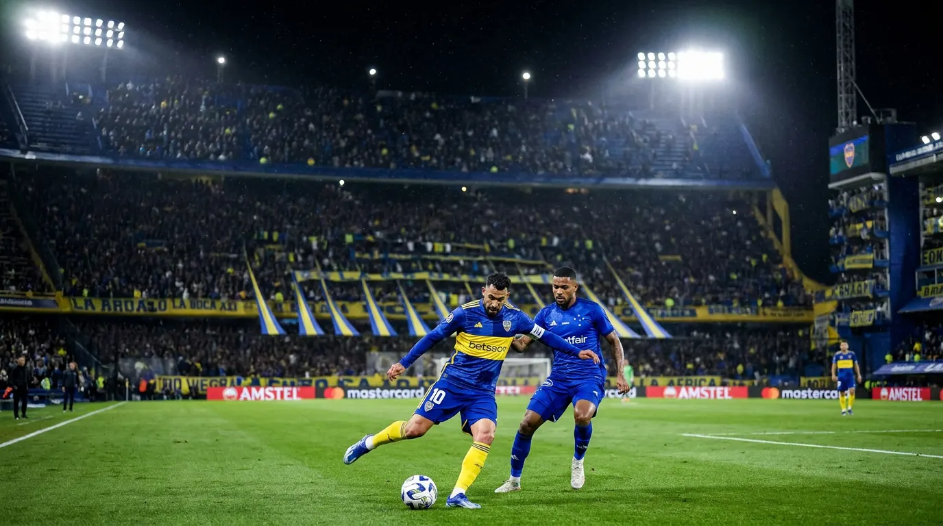 Miguel Merentiel e Matheus Pereira em duelo na Bombonera pela Libertadores 2026