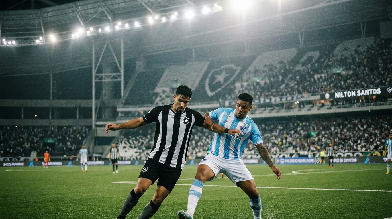 Arthur Cabral comemorando gol no Estádio Nilton Santos pela Copa Sul-Americana 2026, com a torcida do Botafogo ao fundo