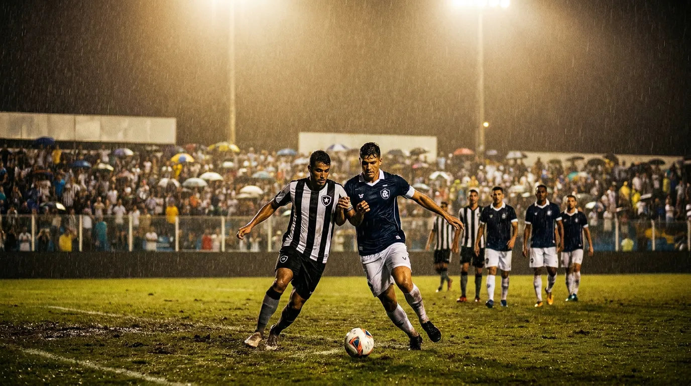 Estádio lotado à noite para o confronto Botafogo x Remo com atmosfera de arquibancada vibrante