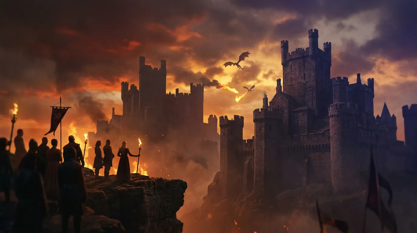 Dois dragões se enfrentando sobre um castelo medieval sombrio — cena épica de A Casa do Dragão temporada 3
