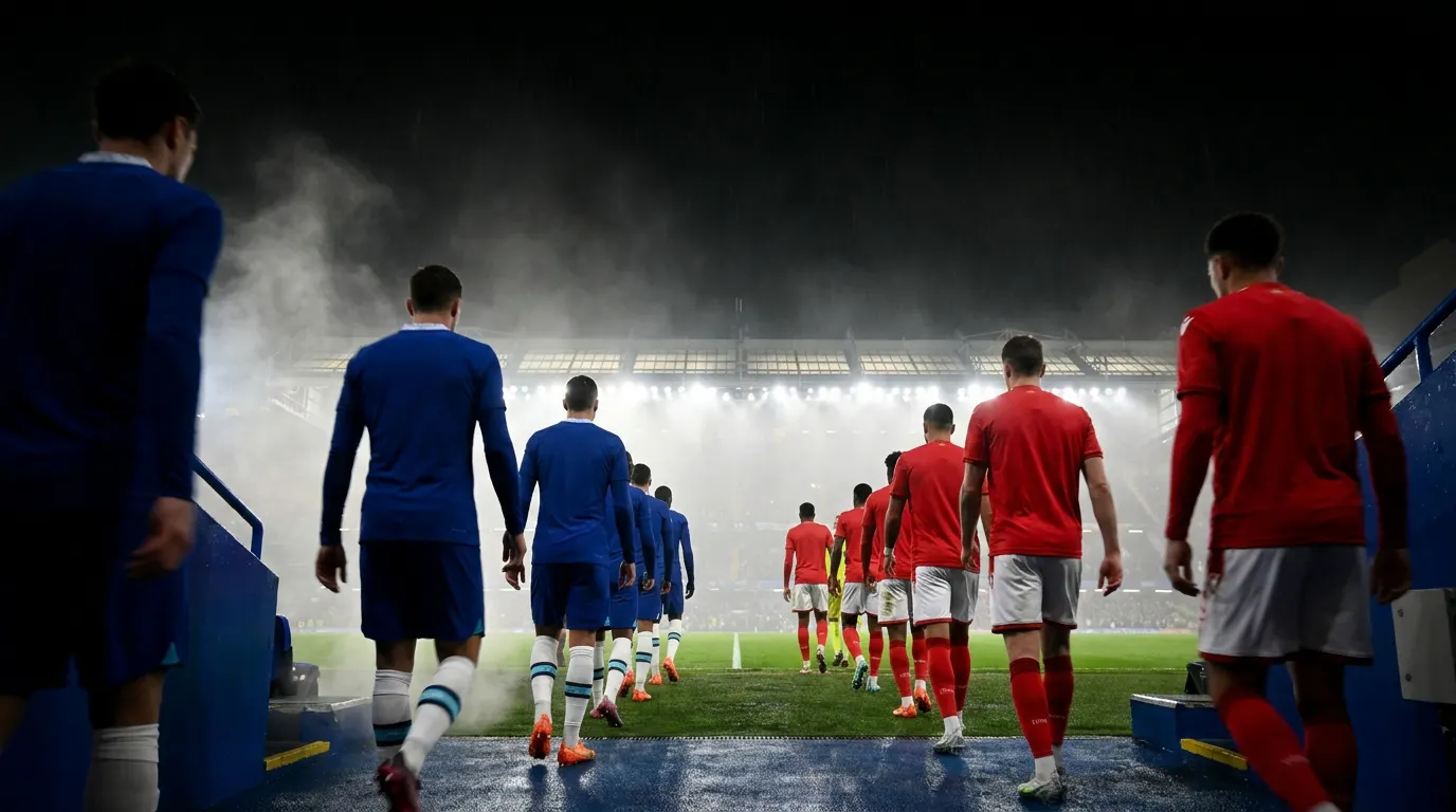 Estádio lotado à noite com escudos estilizados do Chelsea e Nottingham Forest frente a frente na Premier League
