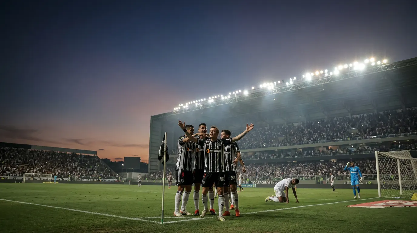 Bernard comemorando o gol do Atlético-MG contra o Bragantino na Arena MRV pelo Brasileirão 2026