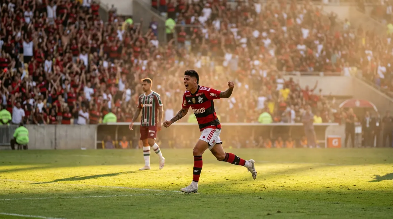 Jorge Carrascal comemora gol pelo Flamengo no clássico Fla-Flu no Maracanã pelo Brasileirão 2026