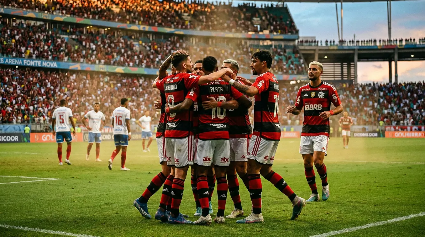 Lucas Paquetá celebra gol pelo Flamengo contra o Bahia na Arena Fonte Nova pelo Brasileirão 2026