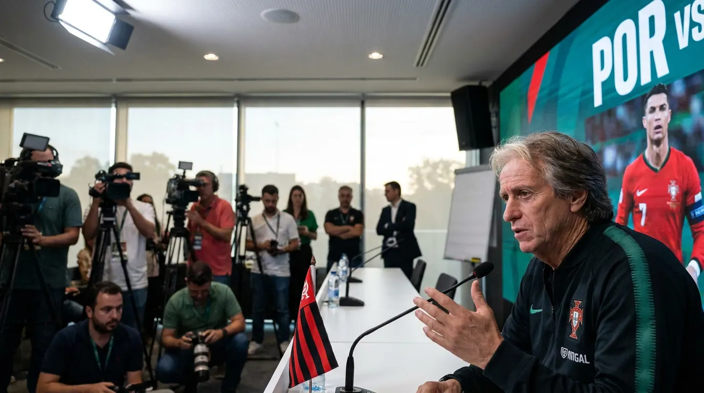 Jorge Jesus no banco de reservas da seleção de Portugal pela Liga das Nações, olhar sério e postura de autoridade