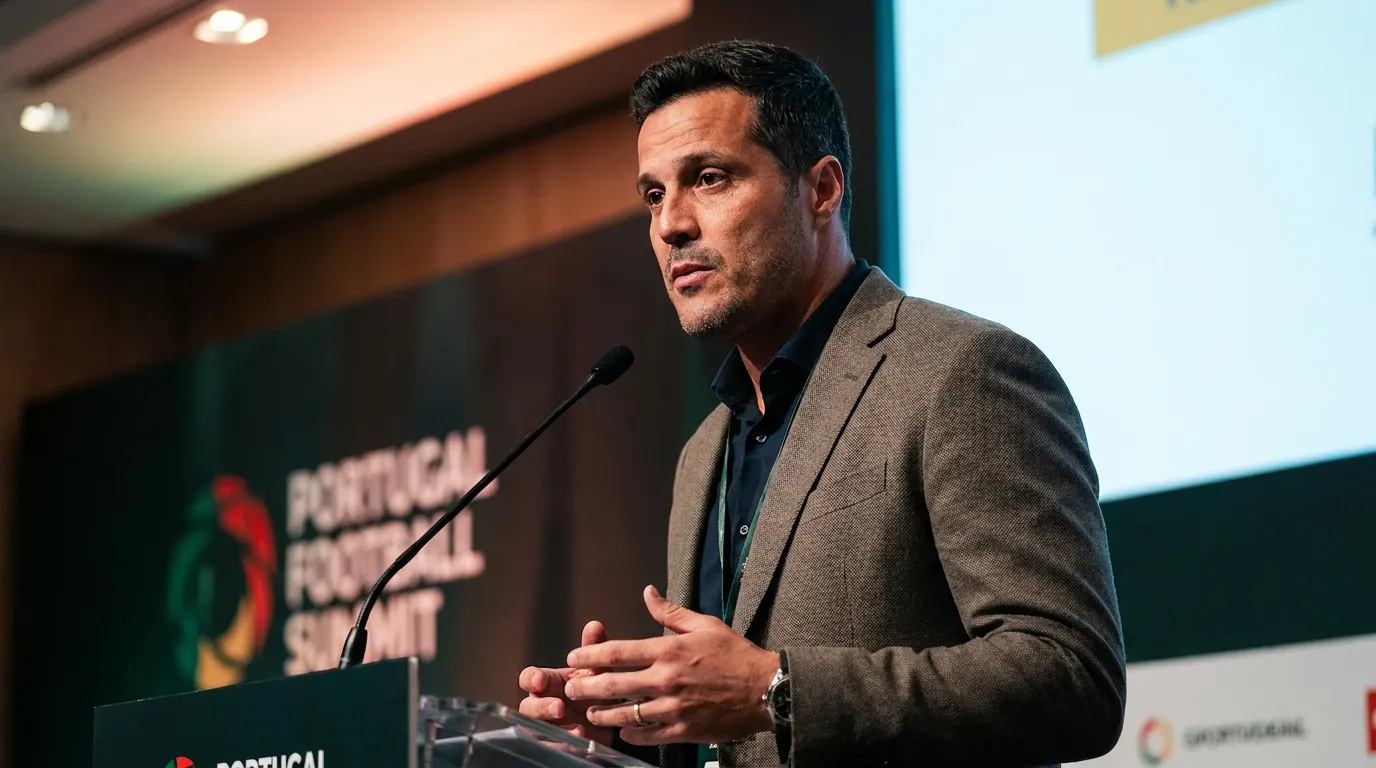 Júlio César, ex-goleiro do Flamengo, no Portugal Football Summit 2026 fazendo alerta sobre educação financeira para atletas