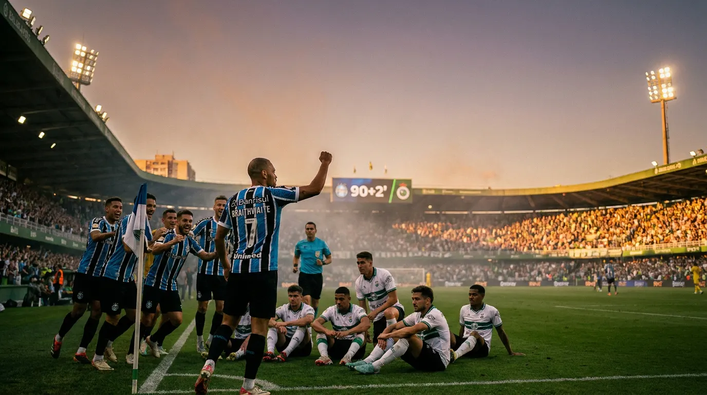 Martin Braithwaite comemora gol nos acréscimos pelo Grêmio contra o Coritiba no Couto Pereira pelo Brasileirão 2026