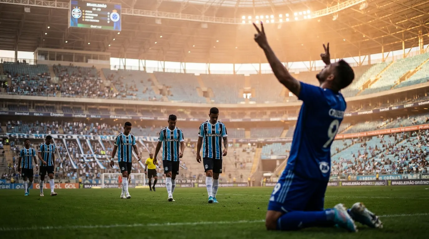 Kaio Jorge celebra hat-trick pelo Cruzeiro contra o Grêmio na Arena do Grêmio pelo Brasileirão 2026