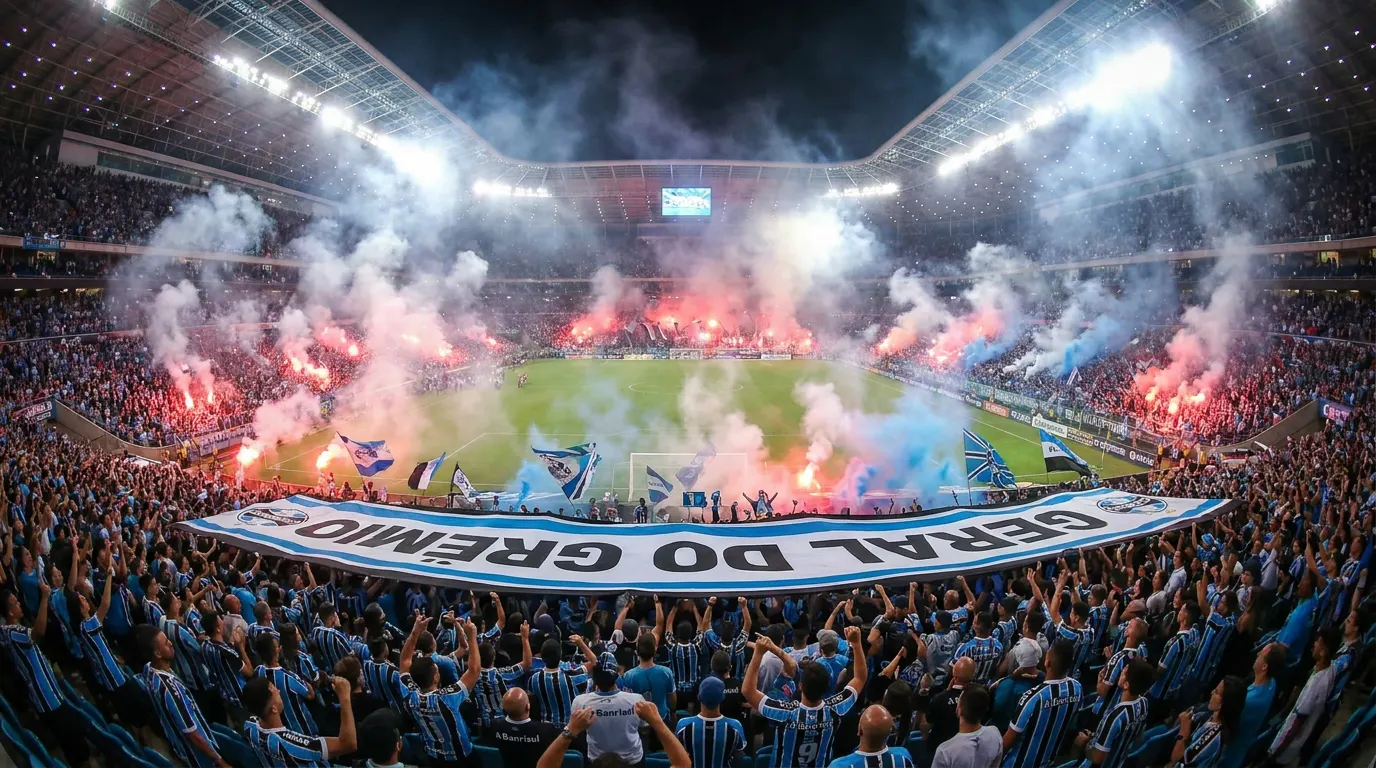 Torcida do Grêmio com bandeirão e mosaico na Arena do Grêmio na semifinal da Copa do Brasil