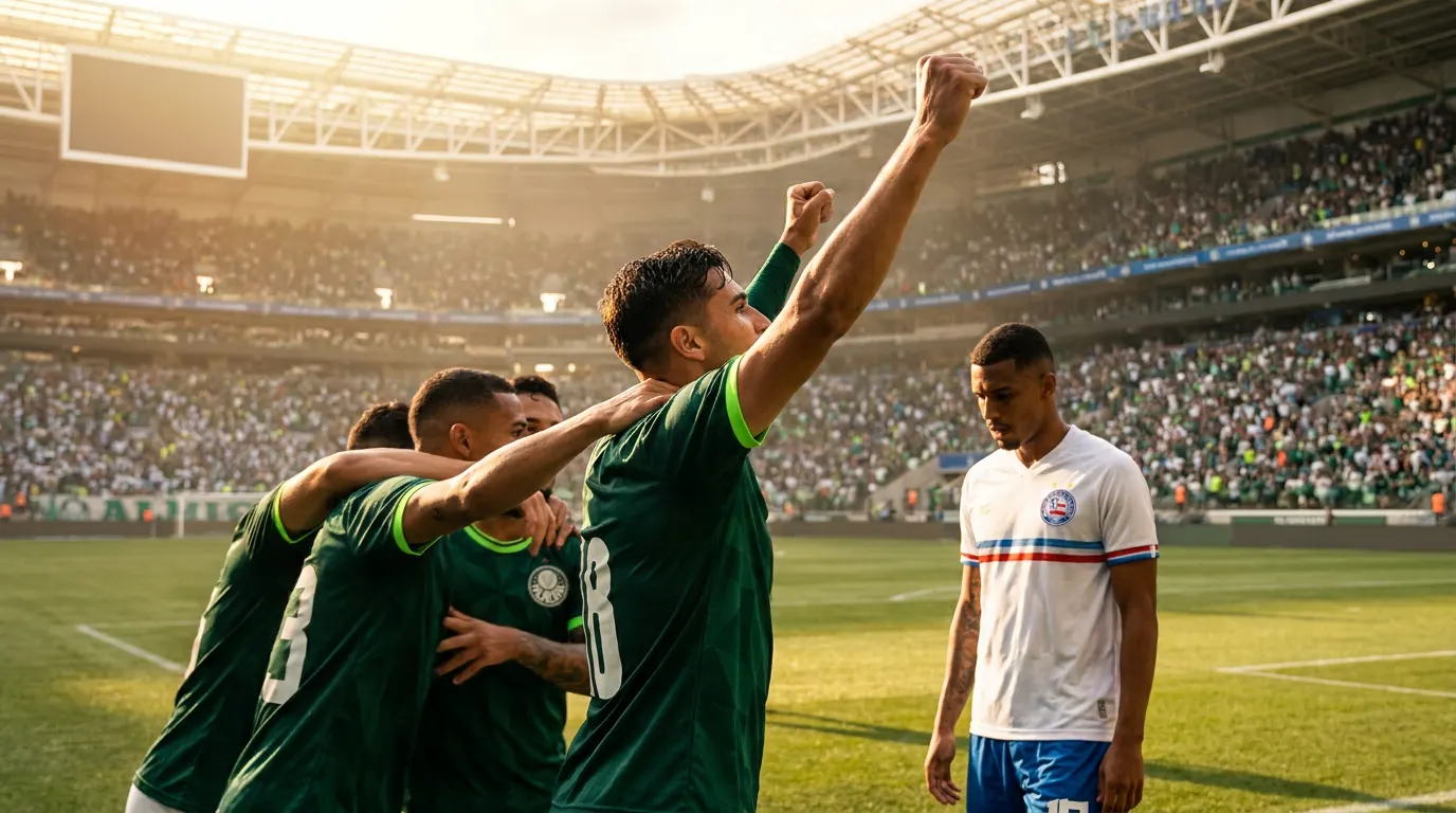 Flaco López comemorando gol do Palmeiras contra o Bahia na 29ª rodada do Brasileirão 2026 no Nubank Parque