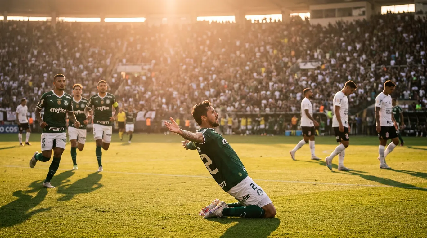 Agustín Giay celebra gol pelo Palmeiras contra o Corinthians no Dérbi 400 do Brasileirão 2026