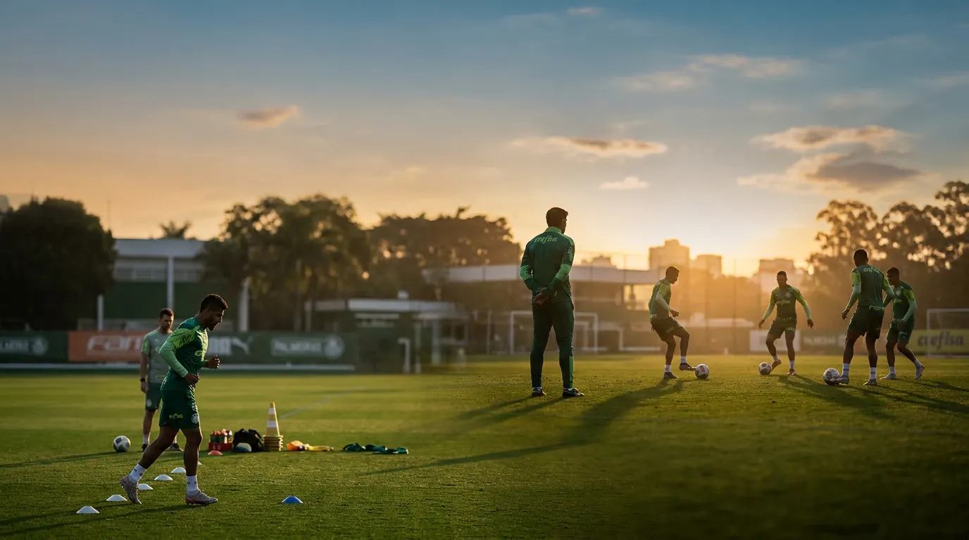 Abel Ferreira observa treino do Palmeiras na Academia de Futebol durante Data Fifa com desfalques