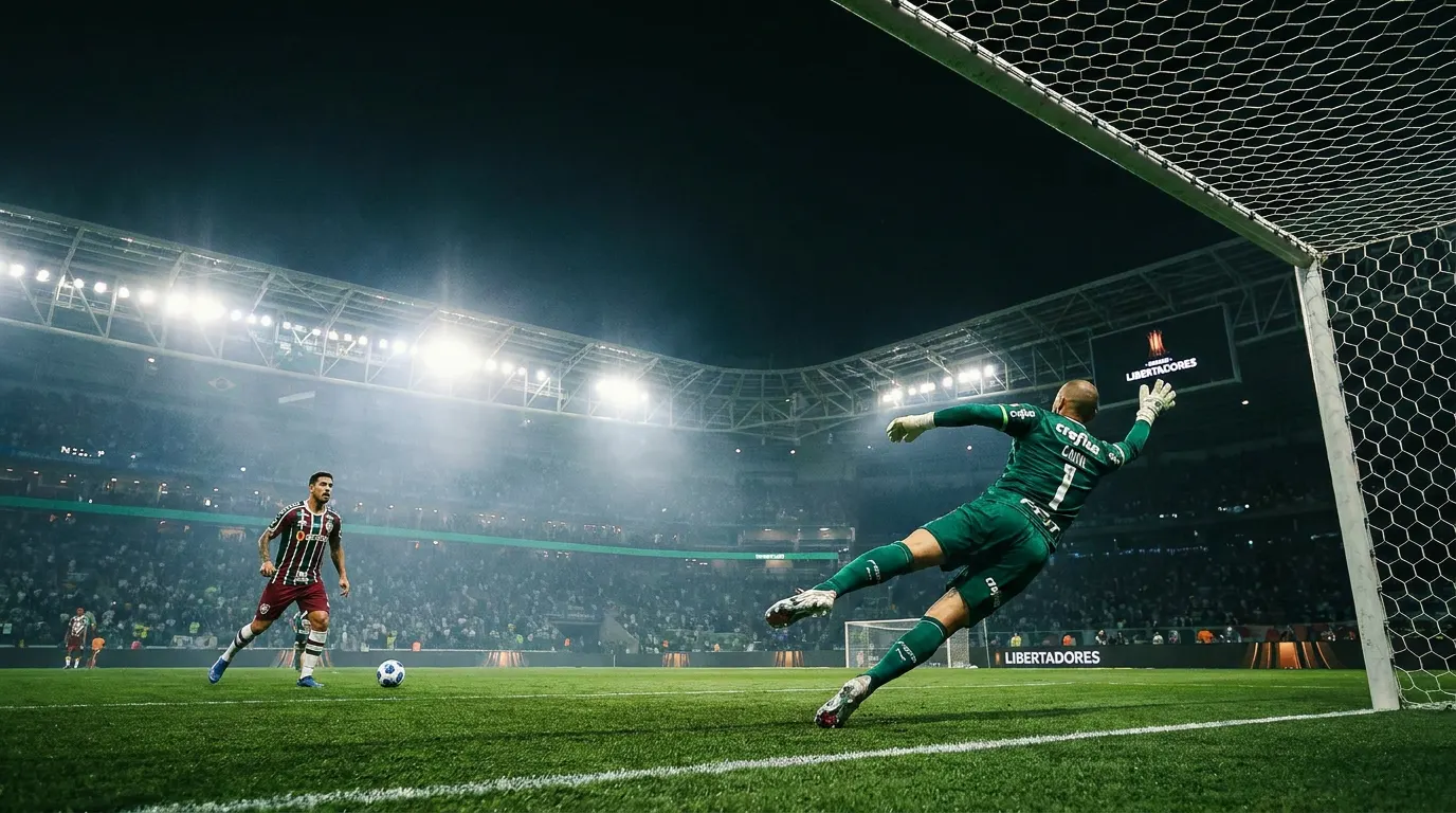 Carlos Miguel defende pênalti de Nonato na semifinal da Libertadores 2026 entre Palmeiras e Fluminense no Nubank Parque