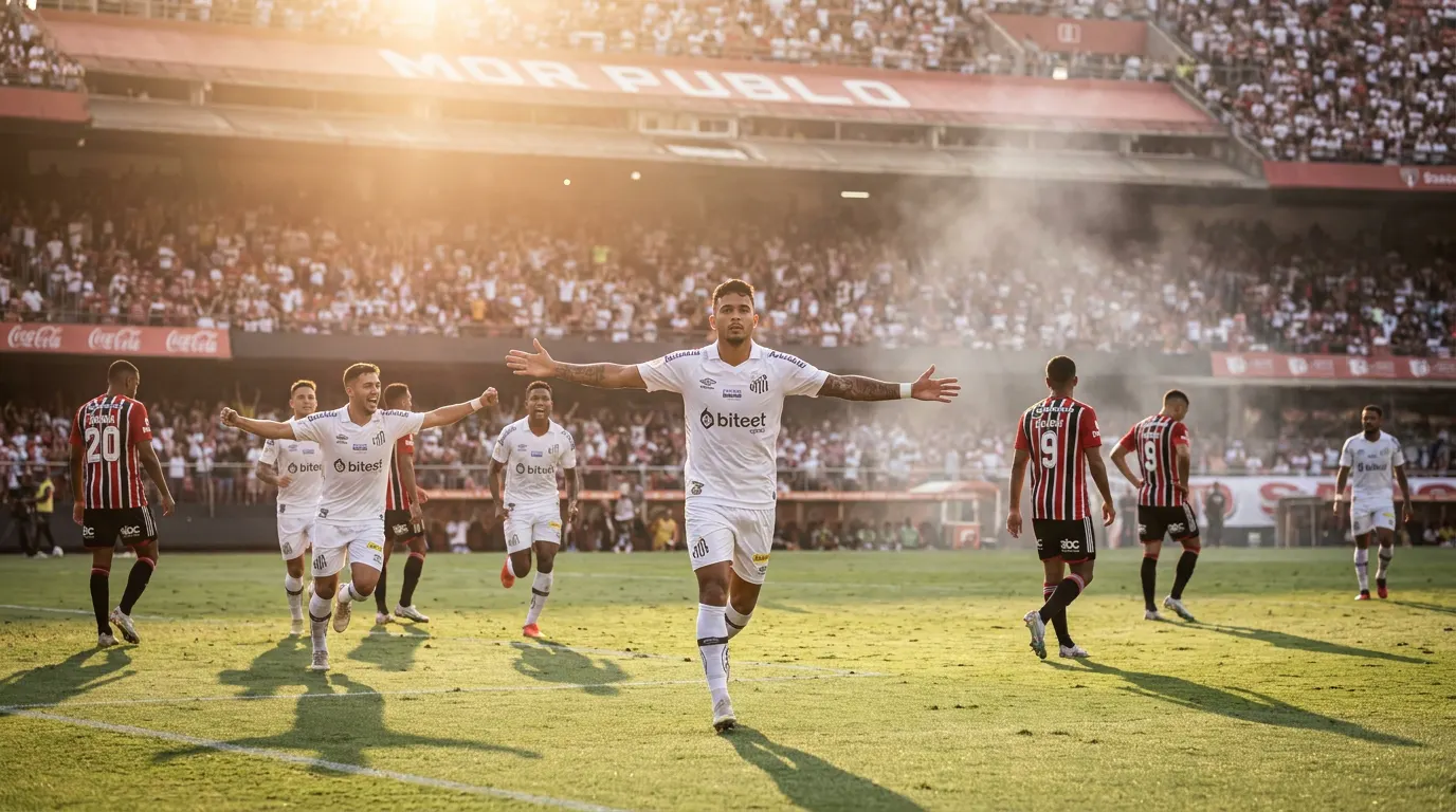 Gabigol comemorando gol pelo Santos contra o São Paulo no Morumbis pelo Brasileirão 2026