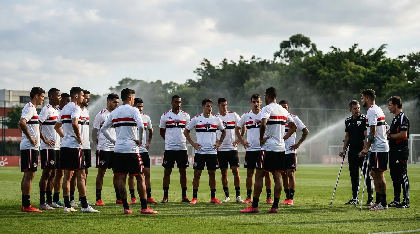 Jogador do São Paulo FC sendo amparado pela comissão médica no MorumBIS durante partida do Brasileirão 2026