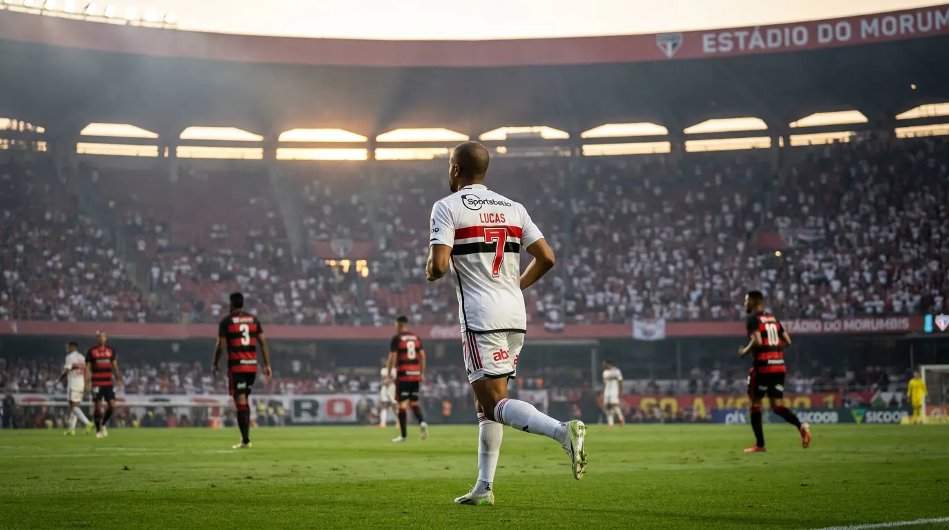 Lucas Moura com a camisa do São Paulo entrando em campo no MorumBIS pelo Brasileirão 2026