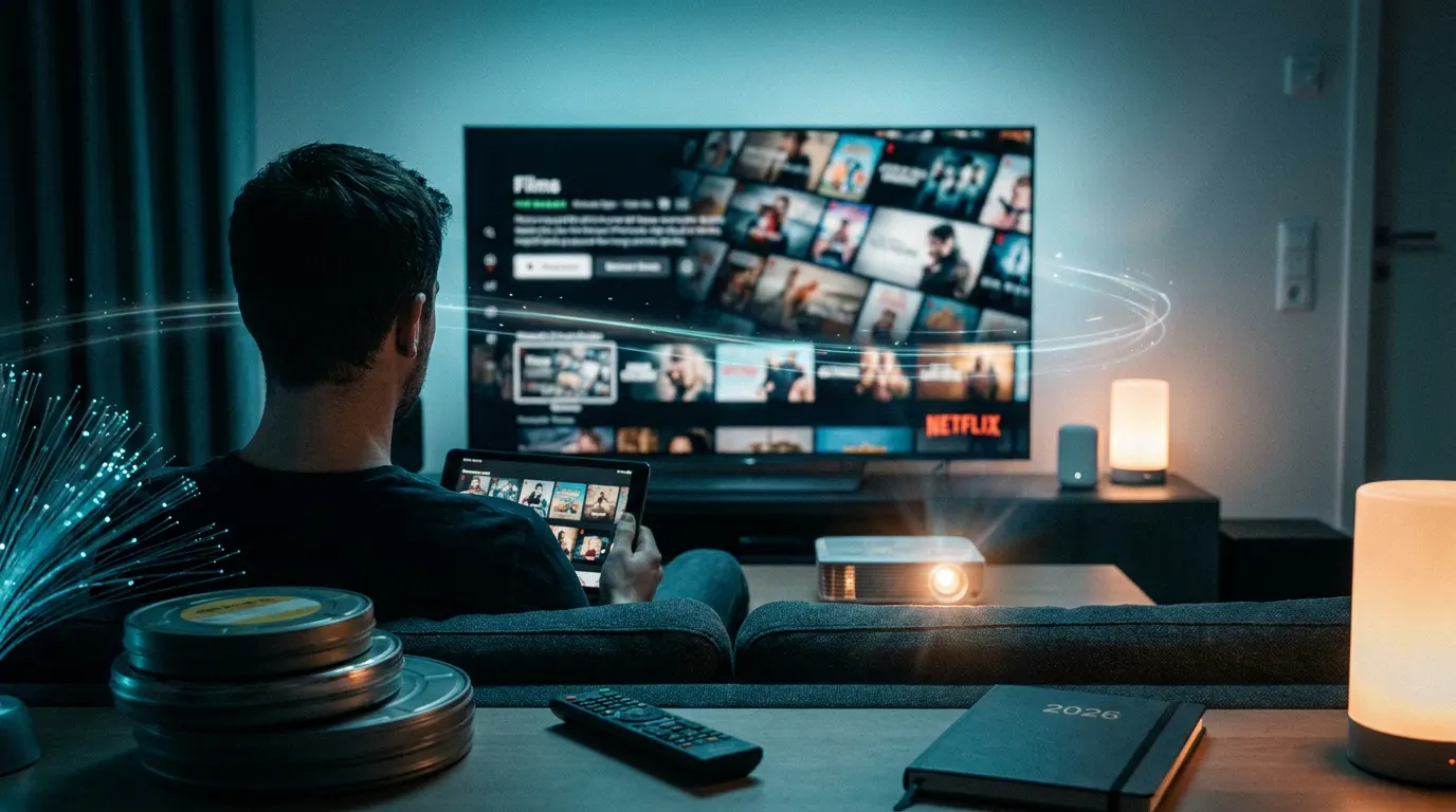 Sala de estar moderna com TV exibindo lançamento de filme em streaming — guia de como assistir filmes online em 2026