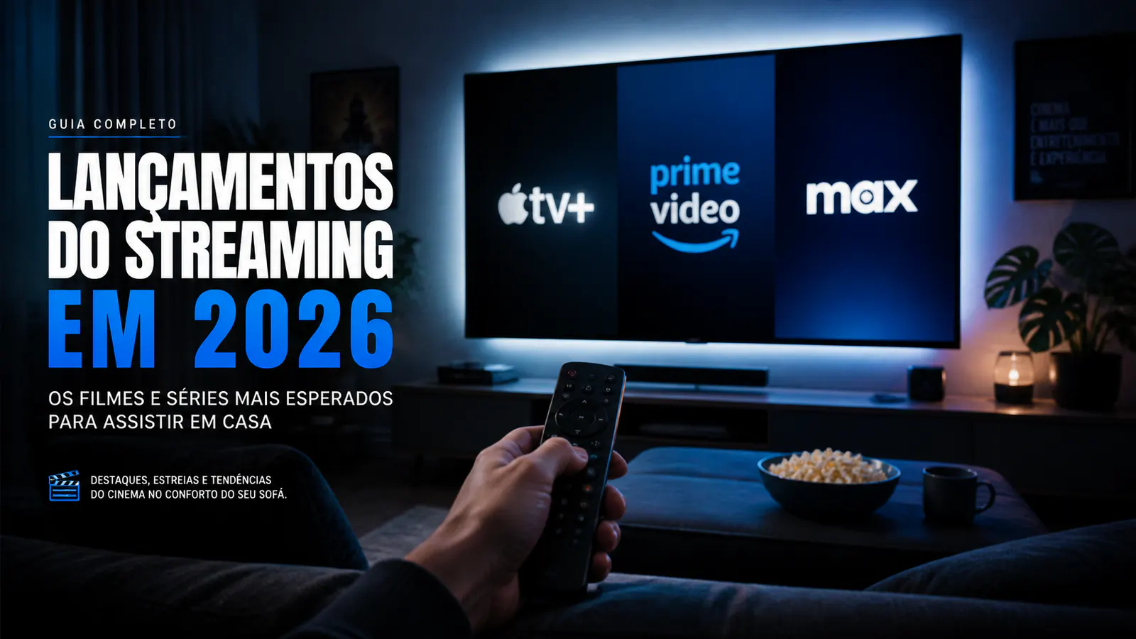Sala de estar com TV exibindo lançamento de filme enquanto pessoa navega em aplicativo de streaming no celular