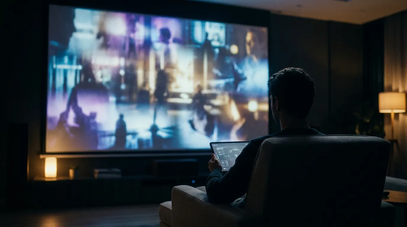 Pessoa assistindo filmes lançamentos em streaming na sala de casa com tela exibindo plataformas como Netflix e Prime Video