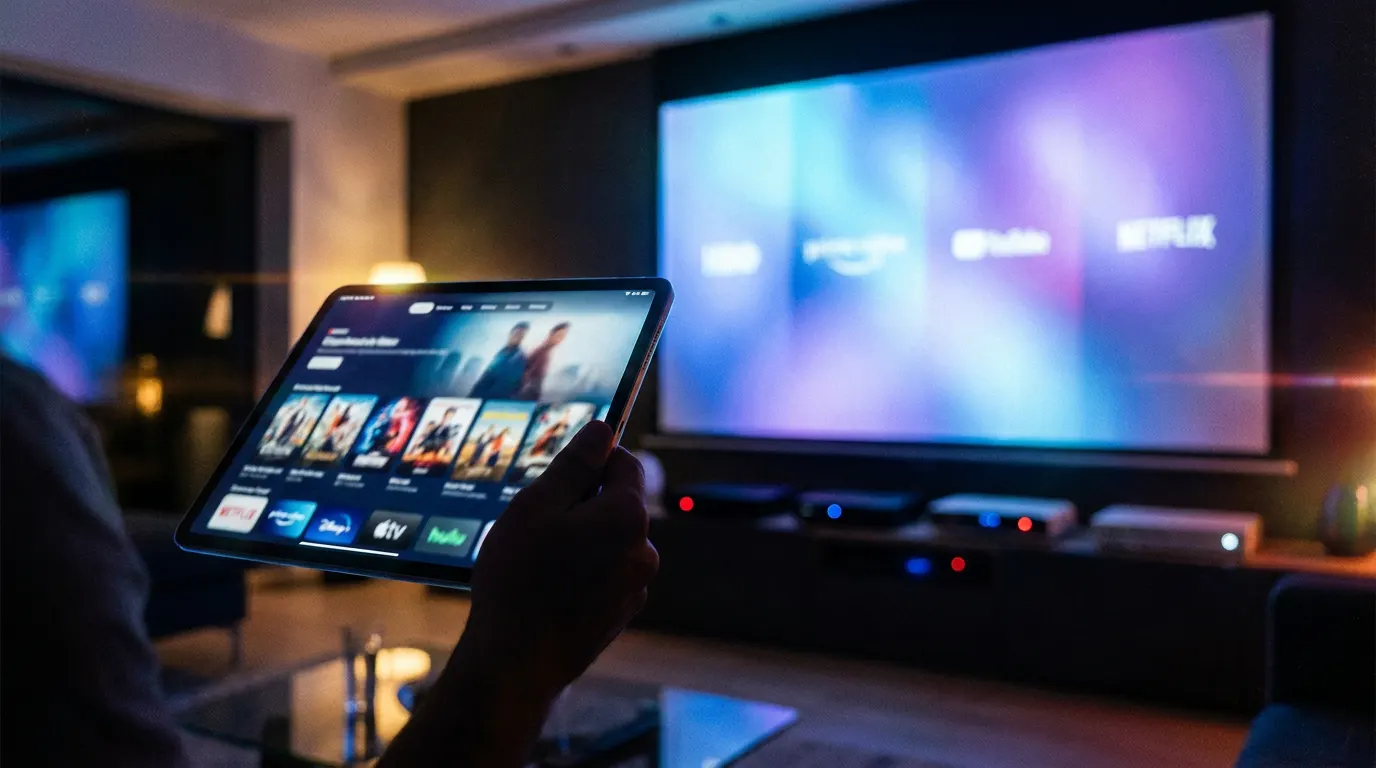 Sala de estar moderna com TV exibindo múltiplas plataformas de streaming para assistir lançamentos de filmes online em 2026