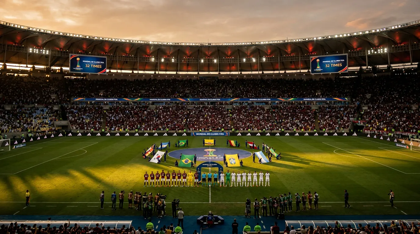 Estádio MetLife lotado durante a final do Mundial de Clubes FIFA 2025 com o troféu em destaque
