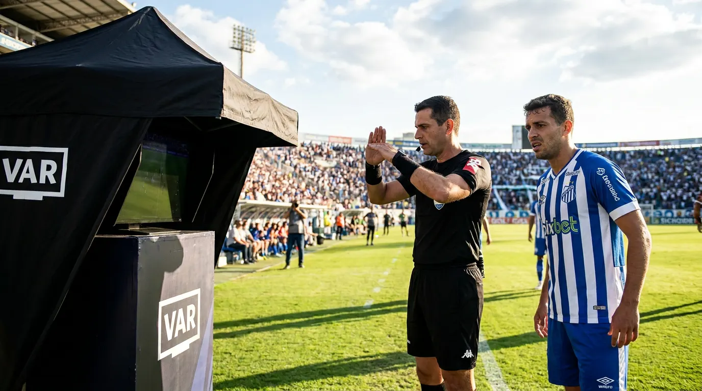 Árbitro revisando lance no monitor do VAR durante jogo do Brasileirão no Maracanã
