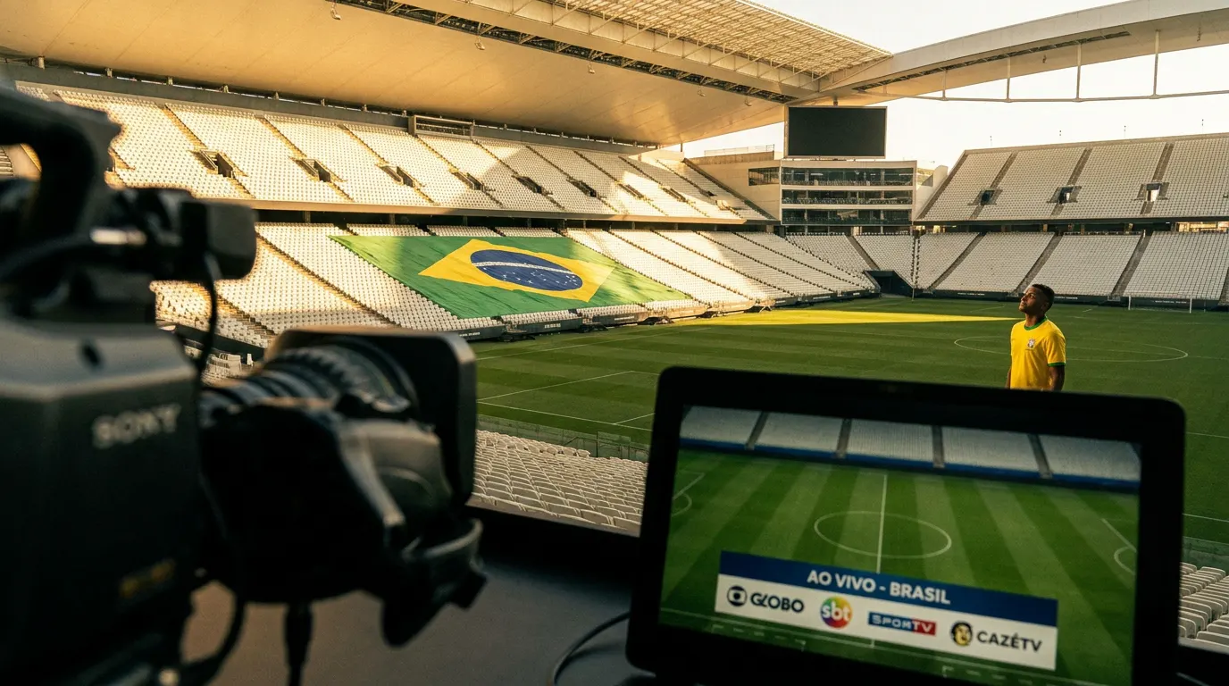 Vinicius Jr e Raphinha comemorando gol com a camisa amarela da Seleção Brasileira na Copa do Mundo 2026 no MetLife Stadium