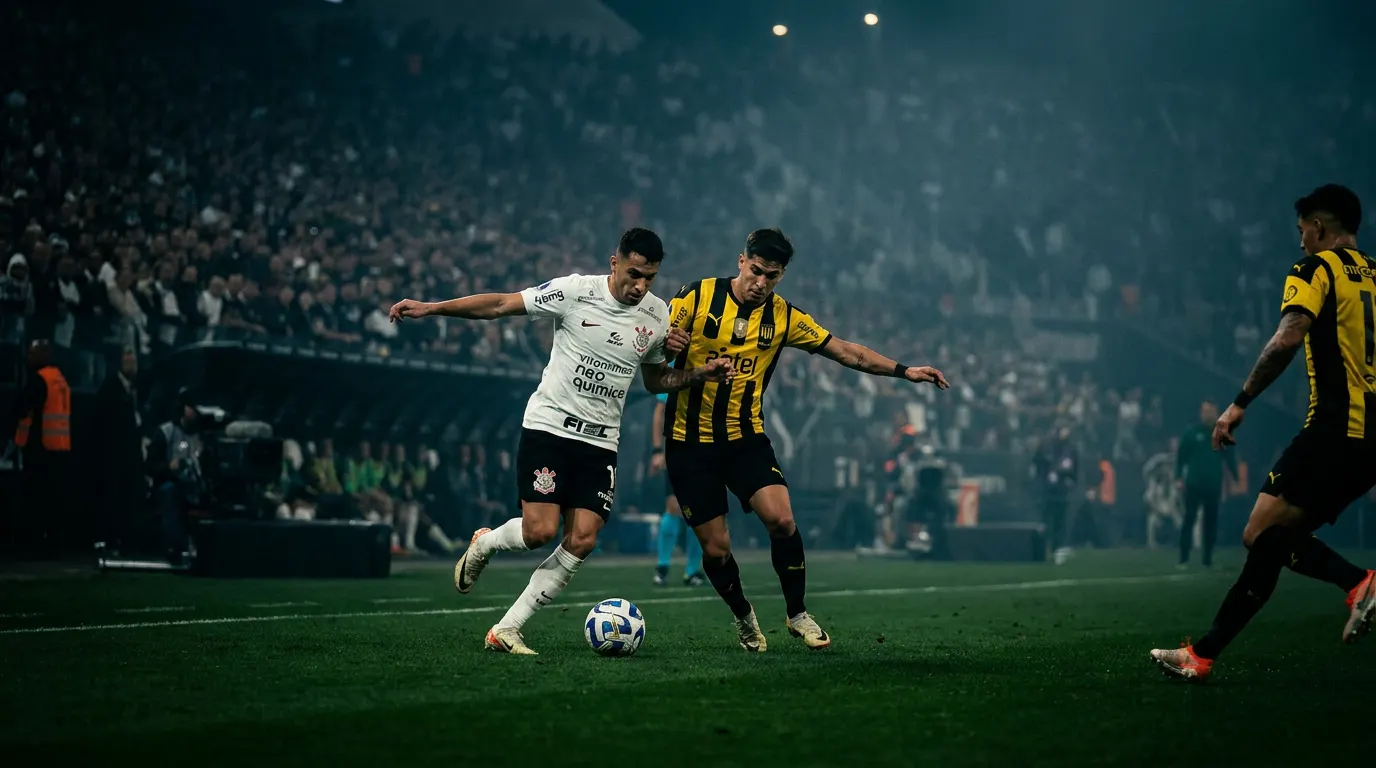 Estádio lotado à noite com escudos estilizados do Corinthians e Peñarol na Libertadores