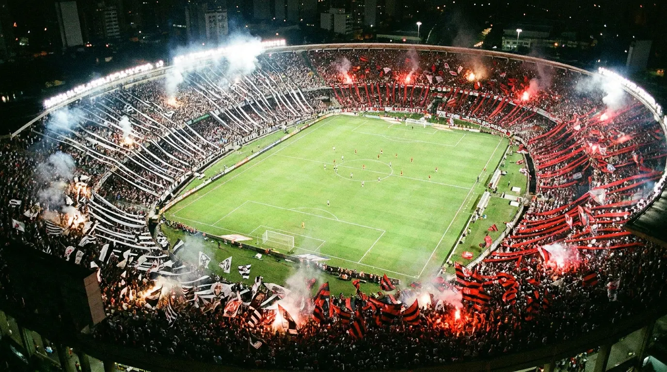 Estádio lotado durante partida do Campeonato Brasileiro com torcidas de dois clubes rivais sob as luzes