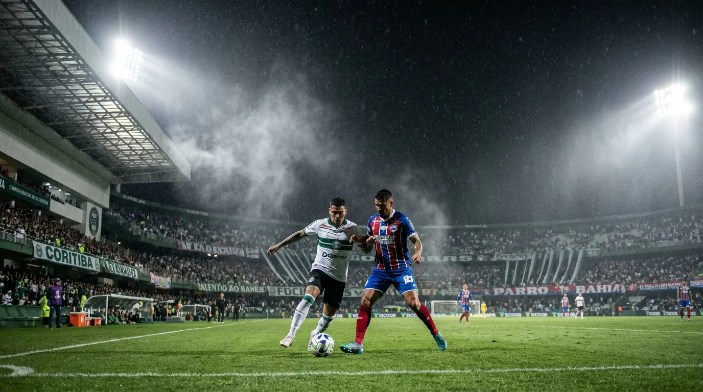 Disputa de bola entre jogadores do Coritiba e do Bahia no Estádio Couto Pereira — 17ª rodada do Brasileirão 2026