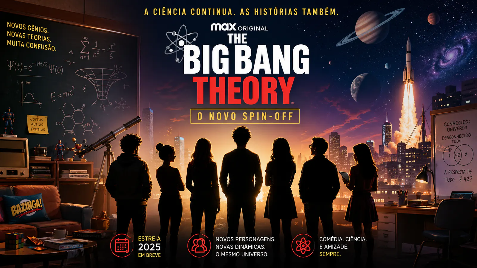 Ilustração de pôster promocional do novo spin-off de The Big Bang Theory com silhuetas de personagens e cenário de comédia científica