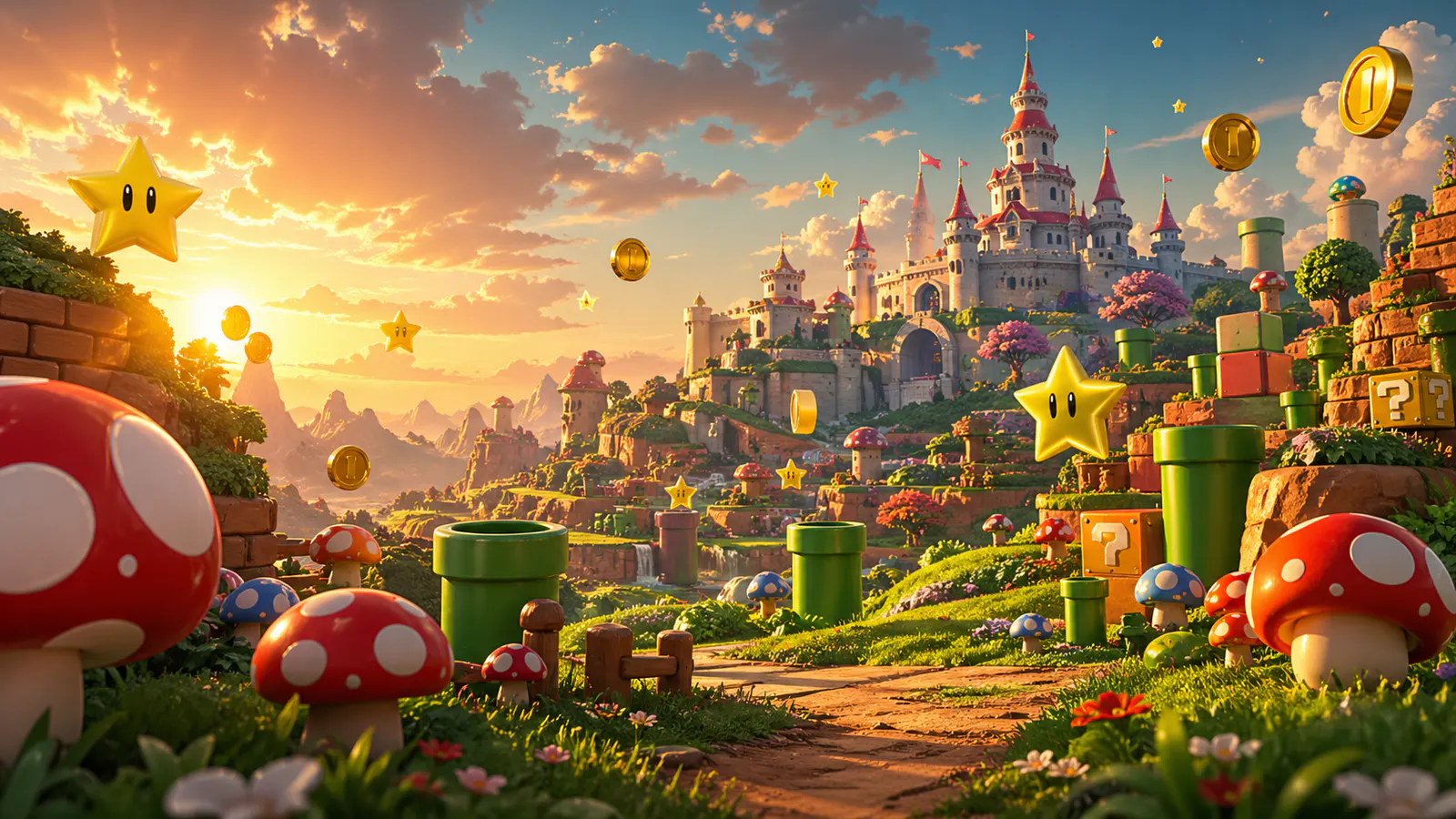 Paisagem colorida do Reino do Cogumelo com castelos ao fundo, canos verdes e estrelas flutuando — cenário do filme Super Mario Bros. 2