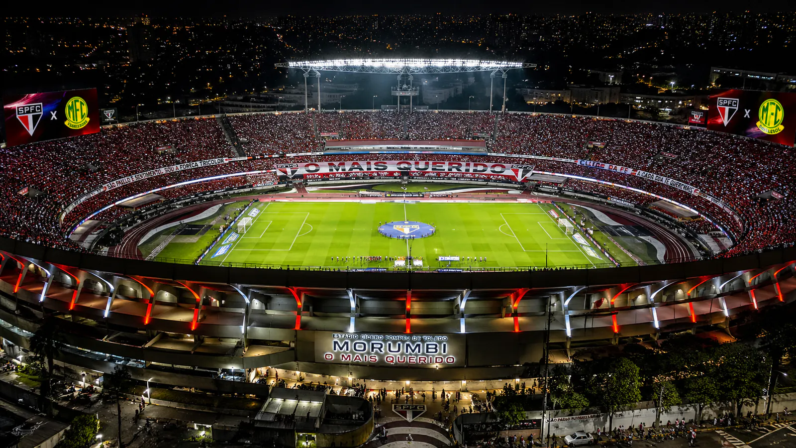 Estádio do Morumbi iluminado à noite para São Paulo x Mirassol pelo Brasileirão 2025