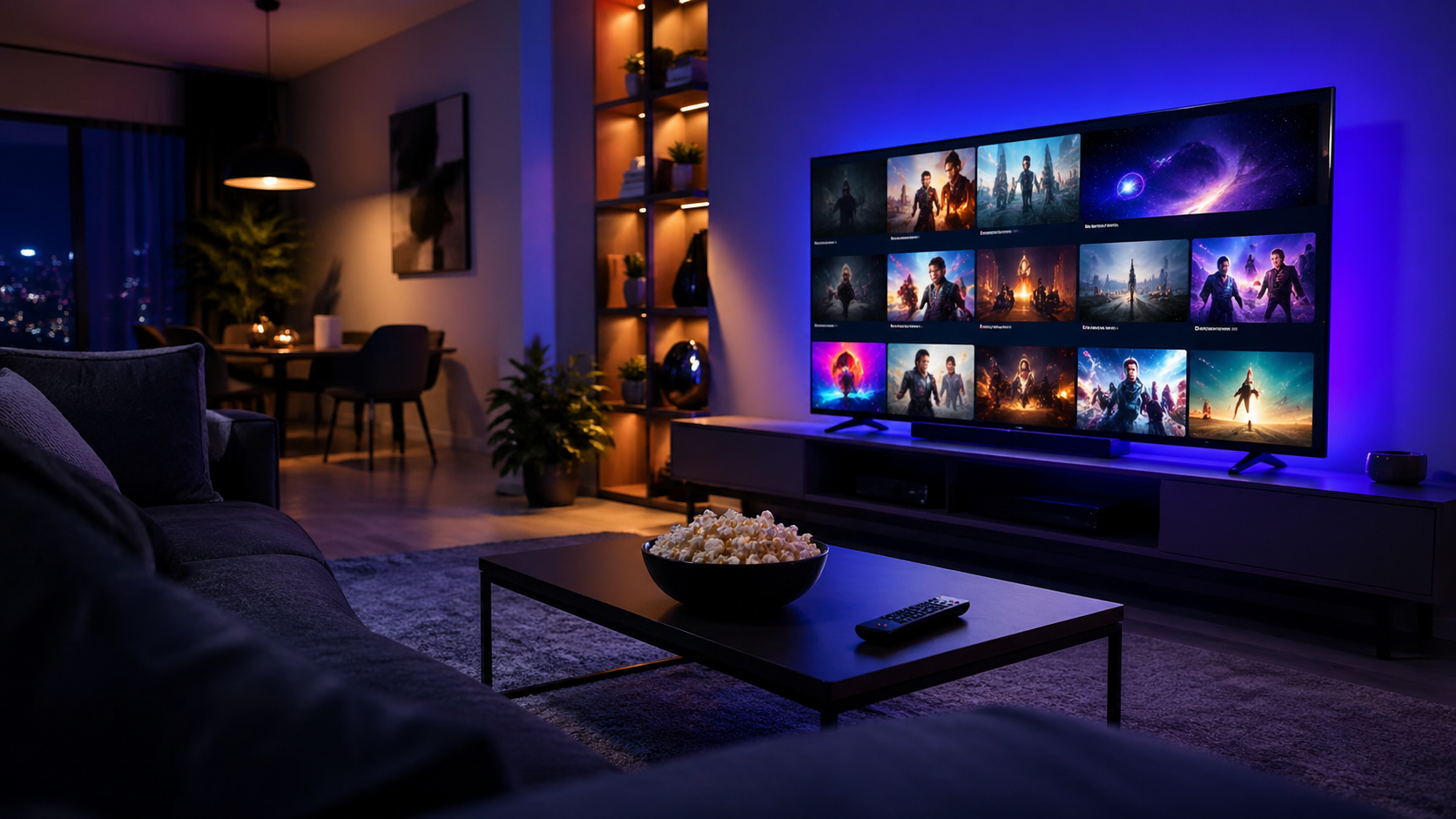 Sala de estar com TV exibindo interface de streaming — lançamentos Netflix semana de abril