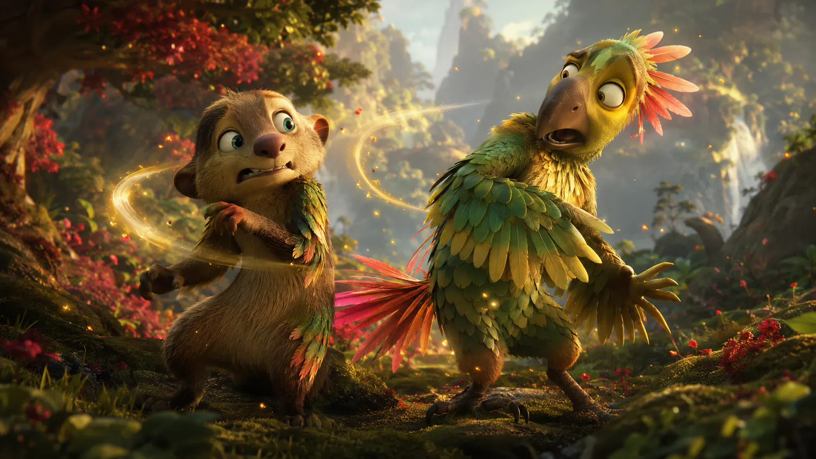 Ollie e Ivy, protagonistas da animação Como Mágica (Swapped), frente a frente em floresta mágica do Vale — animação Netflix 2026