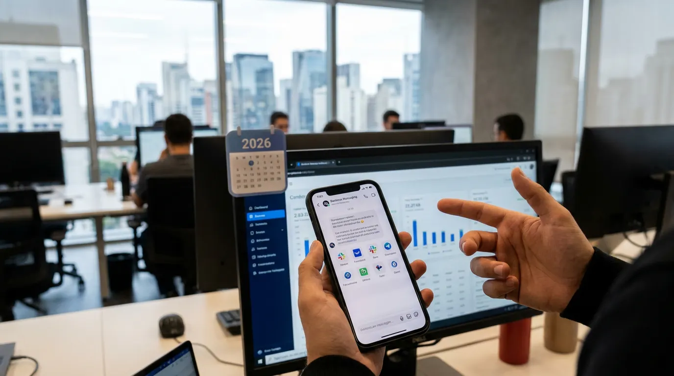 Smartphone com interface do WhatsApp Business ao lado de pipeline de CRM — comparativo de ferramentas para PME brasileira em 2026