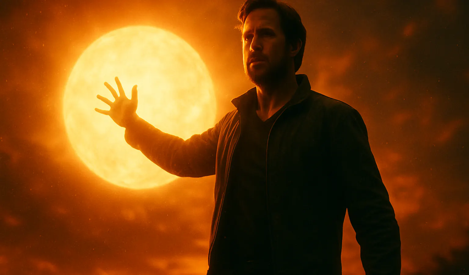 Ryan Gosling como Dr. Ryland Grace em traje espacial dentro da nave Hail Mary ao lado do alienígena Rocky em Devoradores de Estrelas