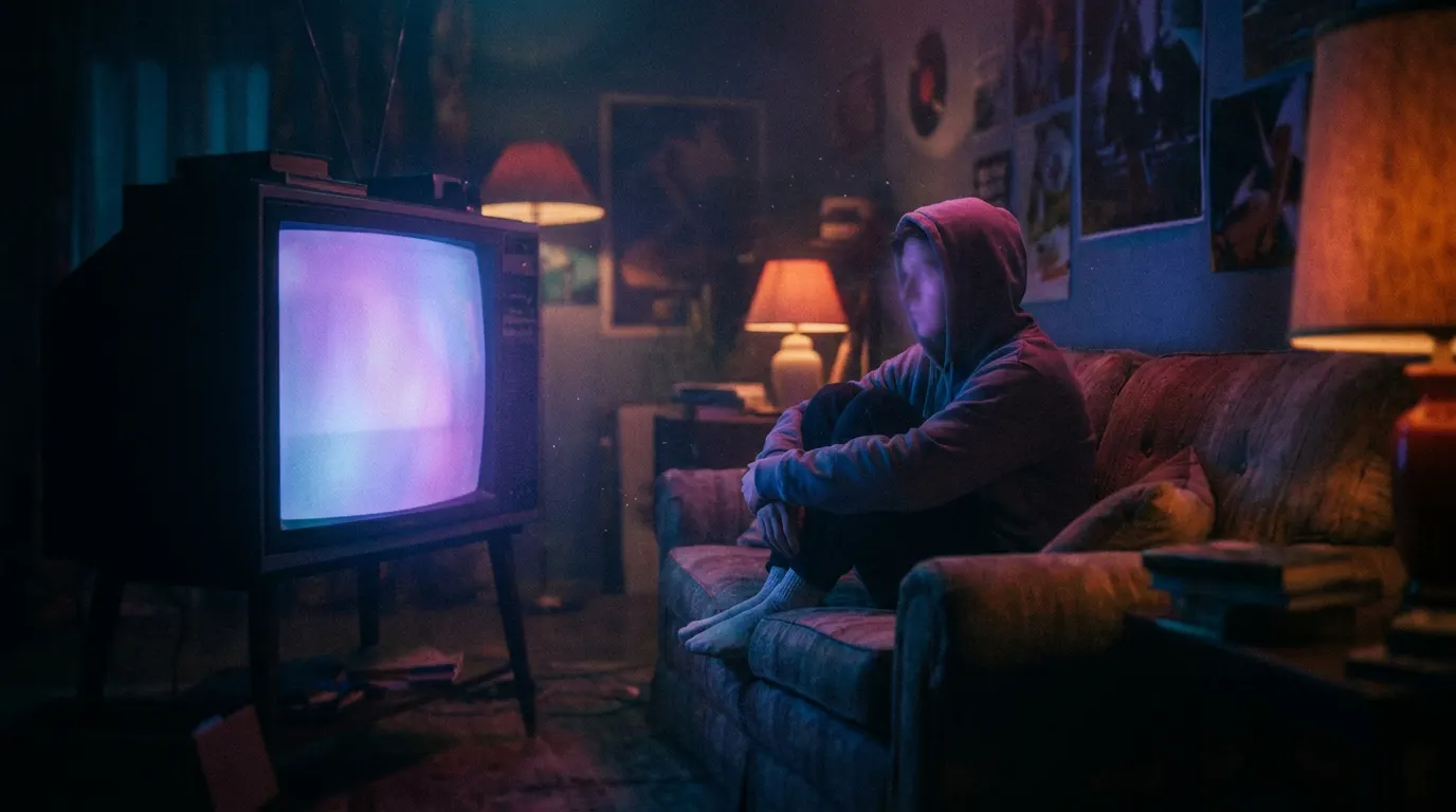 Figura solitária assistindo televisão antiga no escuro com brilho azul-âmbar — análise do filme Eu Vi o Brilho da TV