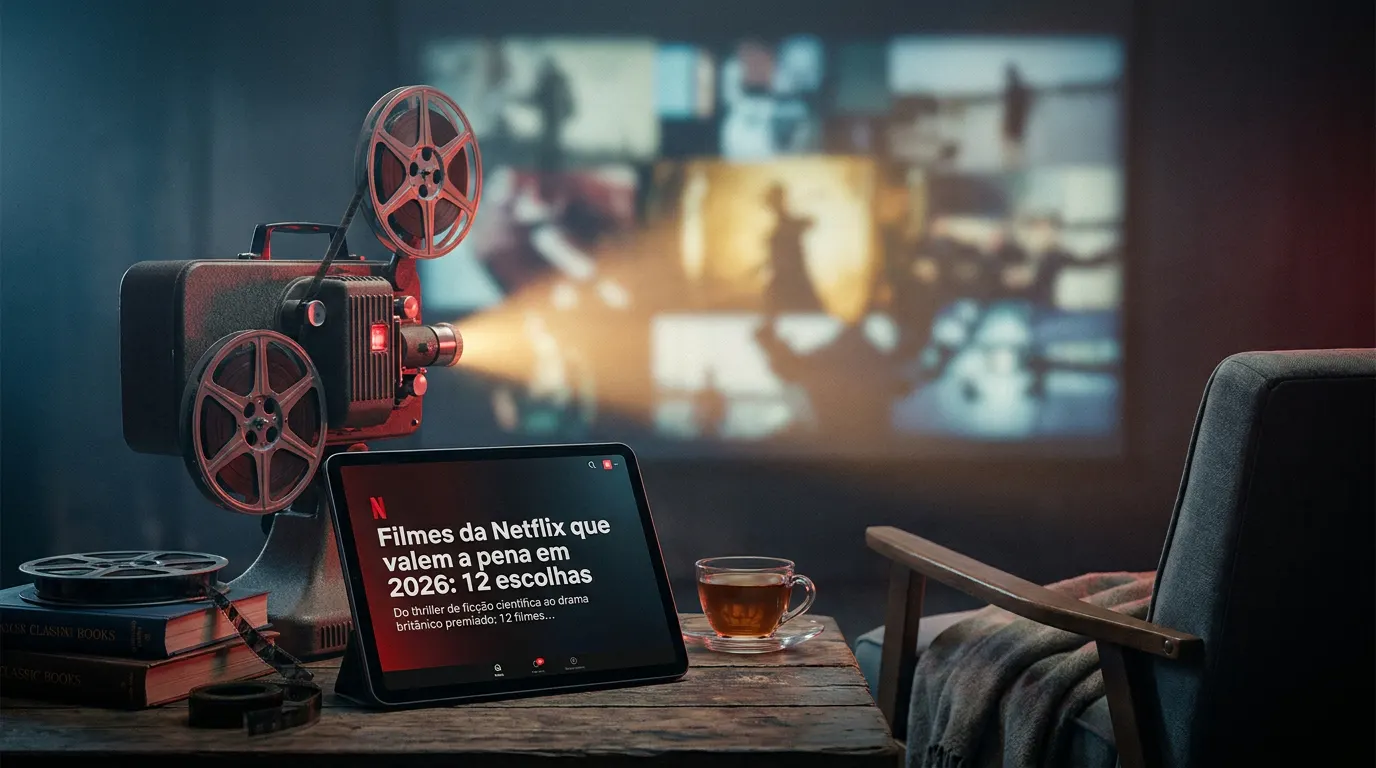 Colagem cinematográfica com cenas dos melhores filmes da Netflix em 2026: ação, drama e animação