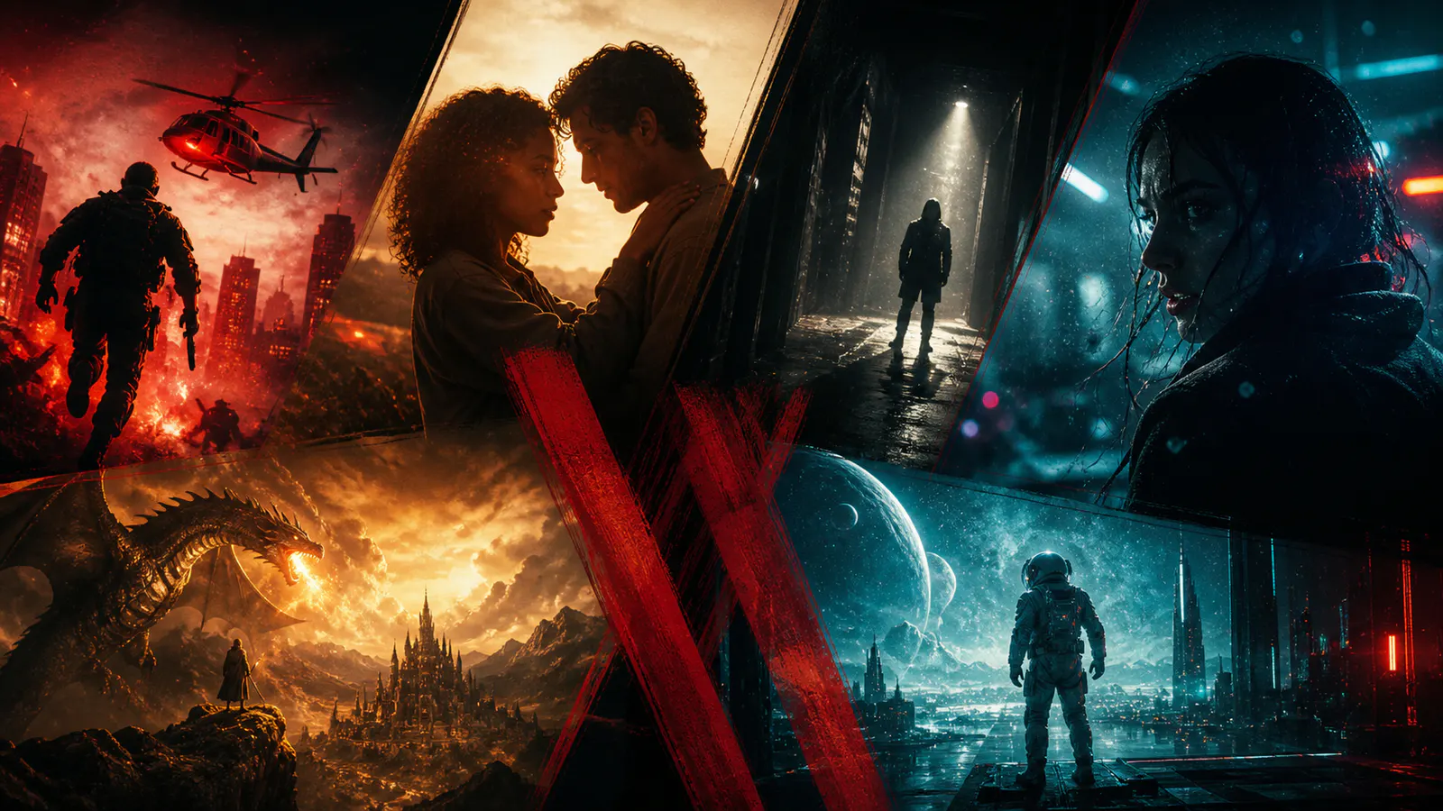 Sala de cinema em casa com tela Netflix exibindo colagem de filmes de 2026 — lançamentos Como Mágica, Máquina de Guerra e Mensagens para Isabelle