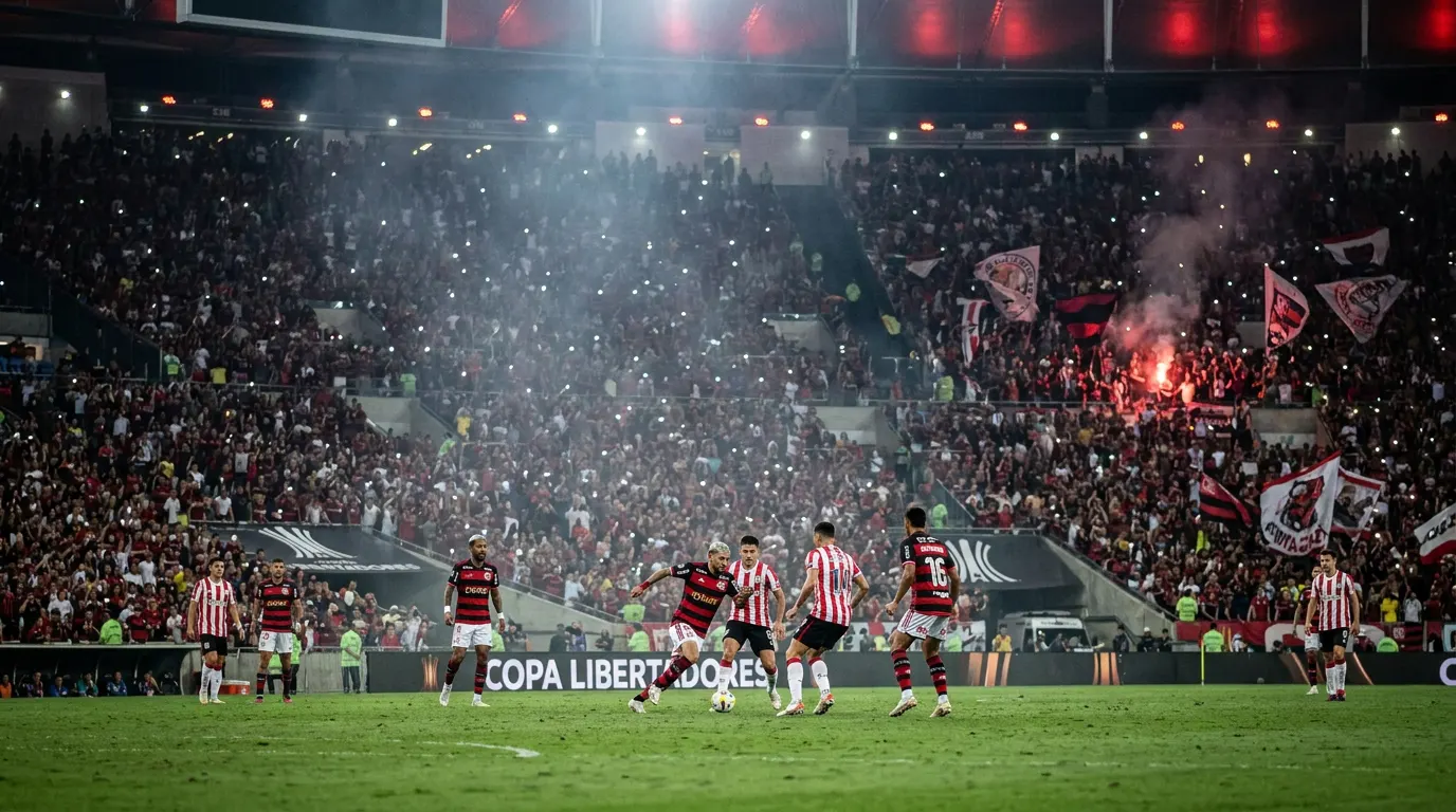 Pedro comemorando gol pelo Flamengo no Maracanã na Copa Libertadores 2026 contra o Estudiantes