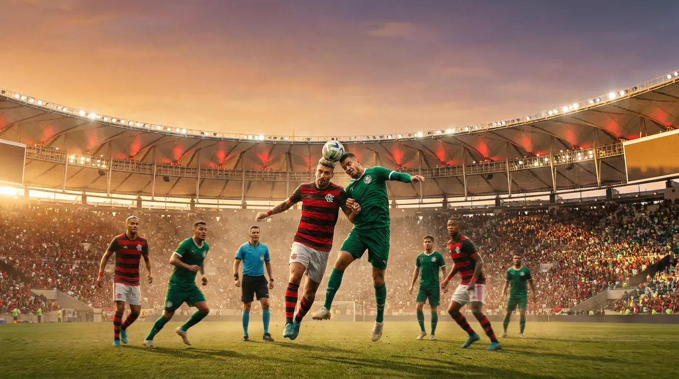 Pedro (Flamengo) e Gustavo Gómez (Palmeiras) em duelo aéreo no Maracanã pela 17ª rodada do Brasileirão 2026
