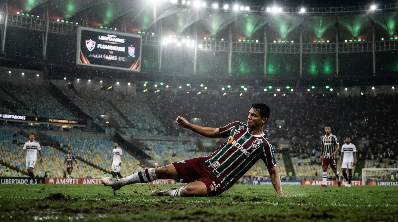 Estádio sul-americano lotado à noite durante partida do Fluminense como visitante na Libertadores