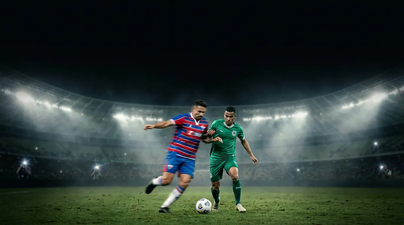 Estádio lotado à noite com escudos estilizados de Fortaleza e Goiás frente a frente no Brasileirão