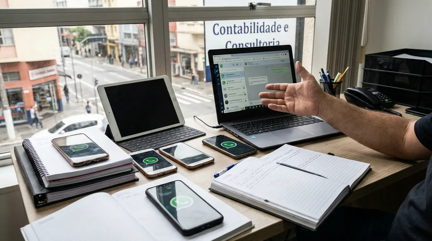 Dona de pequena empresa brasileira tentando gerenciar vários WhatsApp ao mesmo tempo em três celulares diferentes