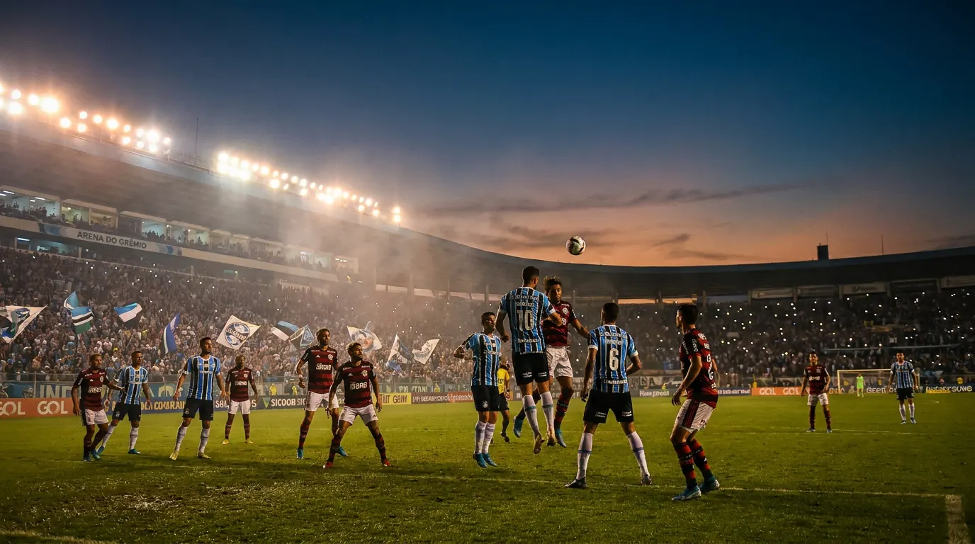 Pedro, do Flamengo, comemorando gol na Arena do Grêmio pelo Brasileirão 2026