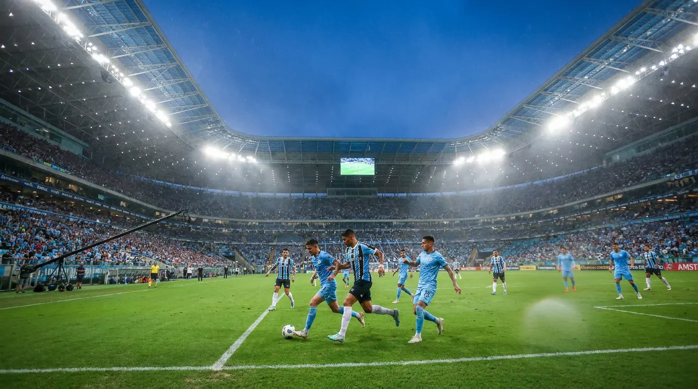 Carlos Vinícius comemorando gol na Arena do Grêmio durante jogo da Copa Sul-Americana 2026