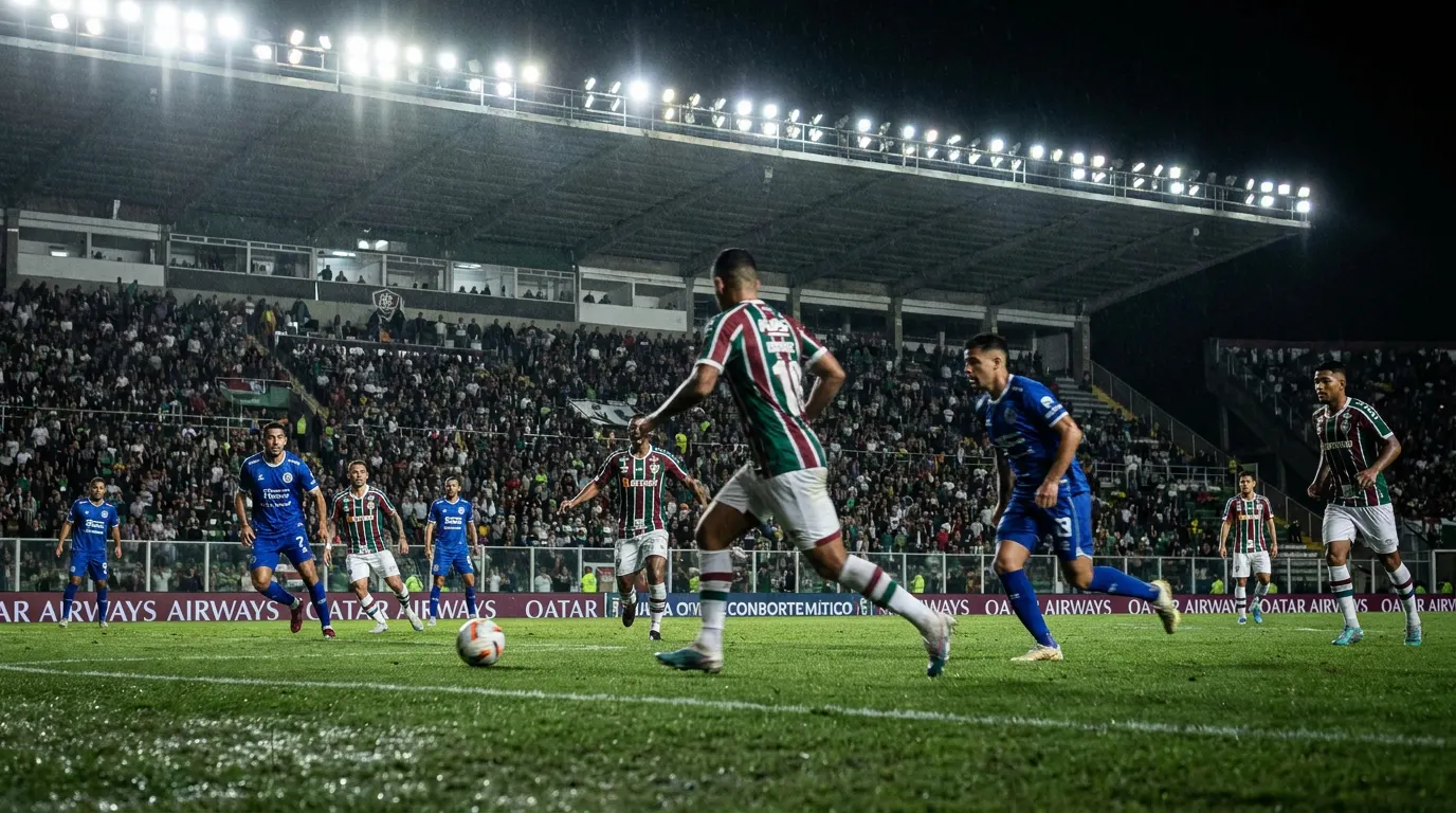 Estádio Malvinas Argentinas à noite com atmosfera de decisão na Copa Libertadores 2026 entre Rivadavia e Fluminense