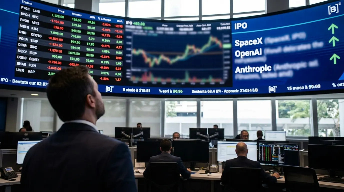 Composição editorial mostrando as sedes da SpaceX, OpenAI e Anthropic ao fundo de um painel com tickers de IPO na Nasdaq — abertura de capital das big techs de IA em 2026