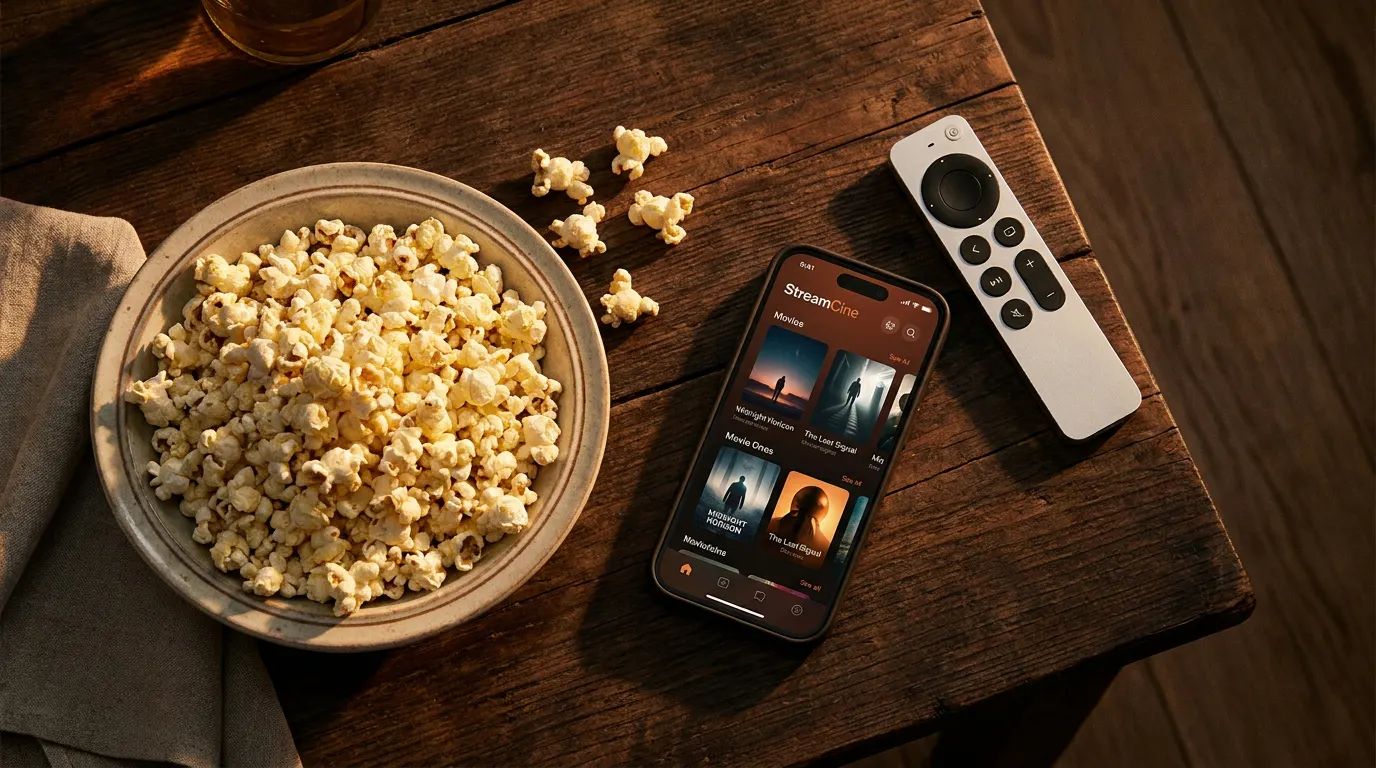 Controle remoto, pipoca e smartphone com app de streaming sobre mesa de madeira escura — lançamentos Netflix abril 2025